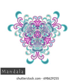 Floral symmetrical geometrical symbol. Vector flower mandala icon isolated on white. Oriental round colored pattern. Arabic, Indian, Moroccan, Spain, Turkish, Pakistan, Chinese decorative element.