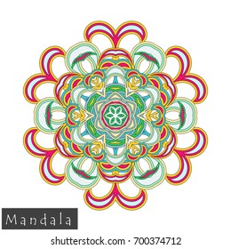 Floral symmetrical geometrical symbol. Vector flower mandala icon isolated on white. Oriental round colored pattern. 