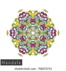 Floral symmetrical geometrical symbol. Vector flower mandala icon isolated on white. Oriental round colored pattern. 