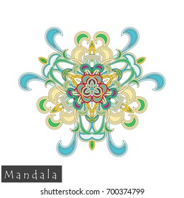 Floral symmetrical geometrical symbol. Vector flower mandala icon isolated on white. Oriental round colored pattern. 