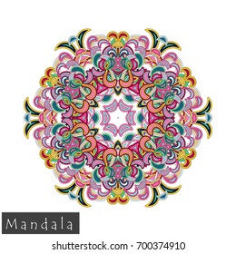 Floral symmetrical geometrical symbol. Vector flower mandala icon isolated on white. Oriental round colored pattern. 