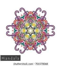 Floral symmetrical geometrical symbol. Vector flower mandala icon isolated on white. Oriental round colored pattern. Arabic, Indian, Moroccan, Spain, Turkish, Pakistan, Chinese decorative element.