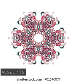 Floral symmetrical geometrical symbol. Vector flower mandala icon isolated on white. Oriental round colored pattern. Arabic, Indian, Moroccan, Spain, Turkish, Pakistan, Chinese decorative element.