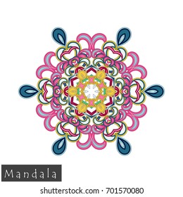 Floral symmetrical geometrical symbol. Vector flower mandala icon isolated on white. Oriental round colored pattern. Arabic, Indian, Moroccan, Spain, Turkish, Pakistan, Chinese decorative element.