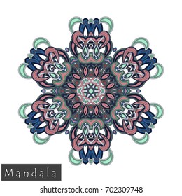 Floral symmetrical geometrical symbol. Vector flower mandala icon isolated on white. Oriental round colored pattern. Arabic, Indian, Moroccan, Spain, Turkish, Pakistan, Chinese decorative element.