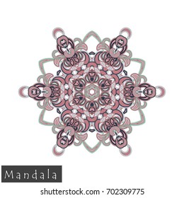 Floral symmetrical geometrical symbol. Vector flower mandala icon isolated on white. Oriental round colored pattern. Arabic, Indian, Moroccan, Spain, Turkish, Pakistan, Chinese decorative element.