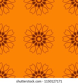 Floral symmetrical geometrical symbols seamless pattern. Colorful ethnic mandalas in brown, orange and red colors. Arabesque vector ornament.