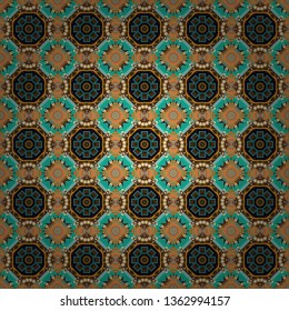 Floral symmetrical geometrical symbols seamless pattern. Colorful ethnic mandalas in orange, blue and brown colors. Arabesque vector ornament.