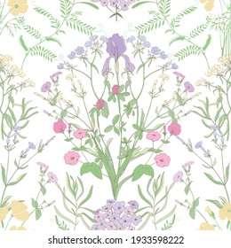 Floral symmetrical pattern on a white background. Beautiful vector pattern with irises, petunias and phlox and clover.