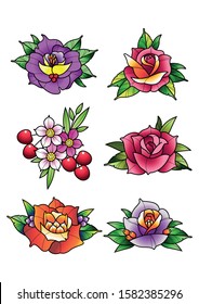 Floral Tattoo Designs, Roses and Cherry Set, Neo Traditional Style 