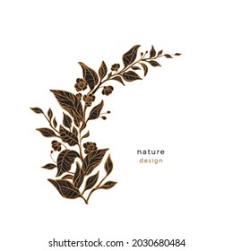 Floral tea branch. Vector twig, golden leaves, flowers in bloom. Art graphic pattern on white background. Vintage beautiful card