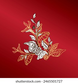 Floral tea branch. Vector twig, golden leaves, flowers in bloom.golden tea leaf