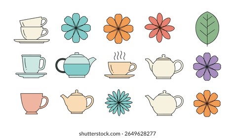 Floral tea party collection featuring various teacups teapots and blooming flowers for beverages