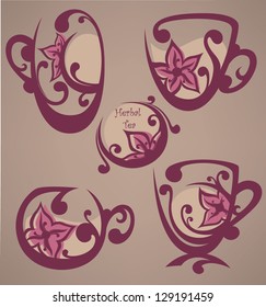 floral tea, vector collection of cups full of fresh organic drinks