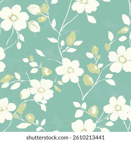 Floral teal, white, and green pattern, pastel colors, watercolor flower seamless pattern. Watercolor print in rustic vintage style, textile or wallpaper.  