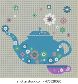 floral teapot background, vintage, vector 