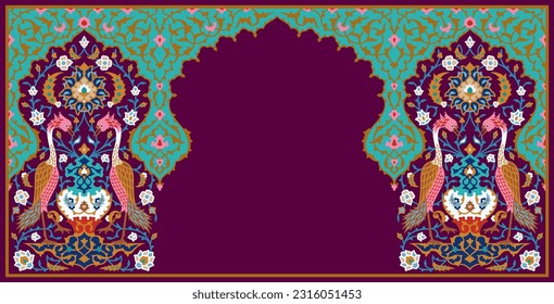 Floral template with birds. Traditional Islamic Background. Mosque decoration element. Architectural element. Vector illustration. Suitable for greeting card, poster, invitation and banner.