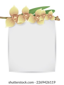Floral template with blank label hanging from a flowering branch with orchids.
