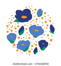 Floral template with blue flowers and green leaves in a circle. Modern design for clothes, packaging, paper, fabric