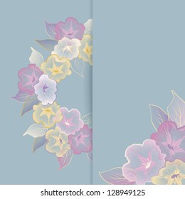 Floral template border vector design. Beautiful elegant transparent flowers and leaves, banner, shadow and copy-space in soft delicate pastel colors. Can be used as wedding, greeting, invitation card