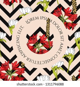 Floral TEMPLATE CARD DESIGN. Vector. A lot of flowers. Hand drawn. Zig zag backdrop