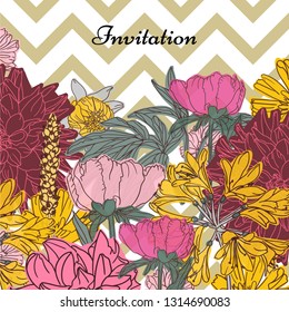 Floral TEMPLATE CARD DESIGN. Vector. A lot of flowers. Hand drawn. Zig zag backdrop