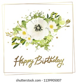 Floral template card, garden flower white poppy and rose, green leaves, gold decor. Trendy decorative layout. Vector illustration