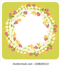 Floral template frame with decorative lily of the valley flowers, sprigs of mimosa and decorative flowers. Suitable for invitations, printing on bags, t-shirts, pillows and more.