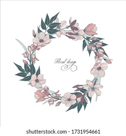 Floral template frame for save the date and greeting card, wedding invitation, certificate, leaflet, poster. Vector border with place for text