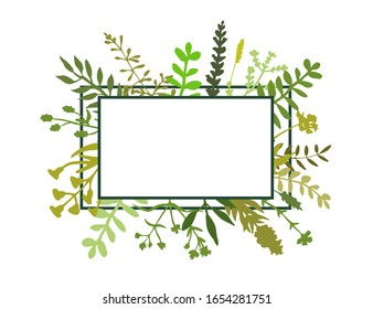 Floral template great to place any text, quote or logo. Herbal frame made of hand drawn greenery, herbs and flowers. Square banner design great for spring or summer theme. Vector isolated.