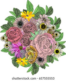 Floral template for greeting cards, flyers, invitations, covers. Vector illustration with roses, flowers and green leaves