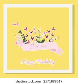 Floral template for invitation with delicate bow, and blossom flowers on a yellow background. Flowers and lettering with love, and happy birthday.