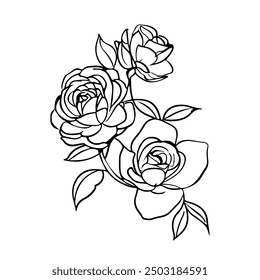 Floral Template Line Art Drawing for Prints, Social Media, Icons. Flowers Rose Template in Trendy Minimal Style. Flowers with Leaves Linear Style. Hand Drawn Sketch Botanical Template 