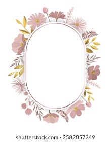 Floral template with meadow flowers and golden leaves. Gentle botanical frame for wedding invitations and greeting cards.