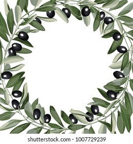 Floral template with olive branch with leaves and black fruit in watercolor stylization on white background. Fashion natural botanical frame with text place.