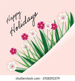 Floral template with pink and white flowers wrapped in paper. For web advertisements, prints, posters, cards. Vector template. 