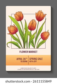 Floral template for poster design for flower festival. Vector illustration of bouquet with tulip flowers. Spring, flower market concept.	