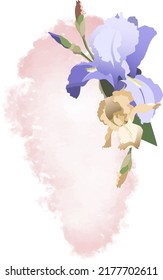 Floral template with purple and golden iris flowers with leaves on watercolor styled background