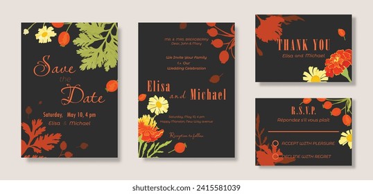 Floral template in a set of four sheets for the wedding celebration party. Delicate hand-drawn flowers on plain backgrounds. Elegant cards for any celebration party.