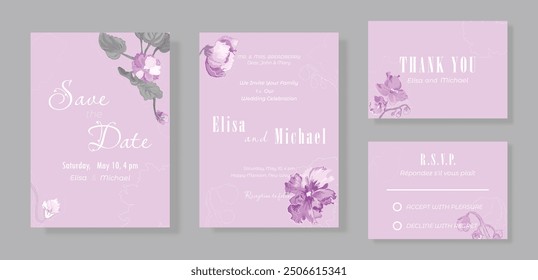 Floral template in a set of four sheets for the wedding celebration party. Delicate hand-drawn African violets and their contour on plain backgrounds. Elegant cards for any celebration party.