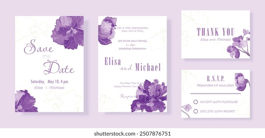 Floral template in a set of four sheets for the wedding celebration party. Delicate hand-drawn African violets and their contour on plain backgrounds. Elegant cards for any celebration party.