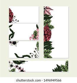 Floral template set. Hand drawn pink flowers green plants stock vector illustration for web, for print