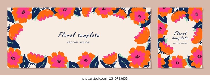 Floral template set for poster, card, cover, label, banner in modern minimalist style and simple summer design templates with flowers and plants.