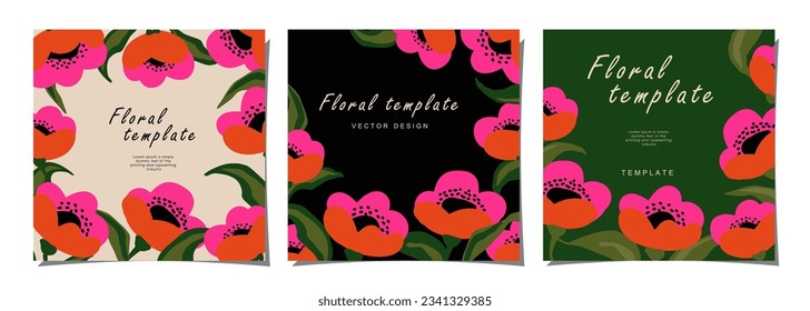 Floral template set for poster, card, cover, label, banner in modern minimalist style and simple summer design templates with flowers and plants.