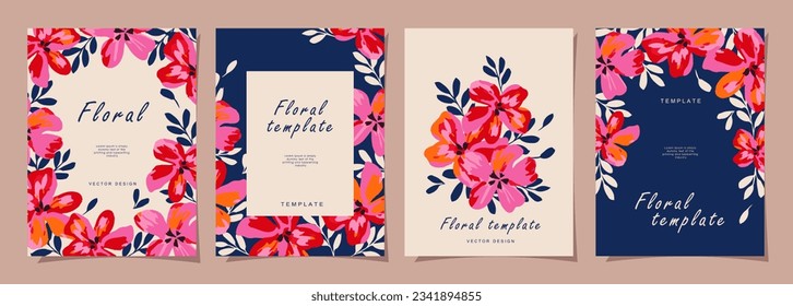 Floral template set for poster, card, cover, label, banner in modern minimalist style and simple summer design templates with flowers and plants.