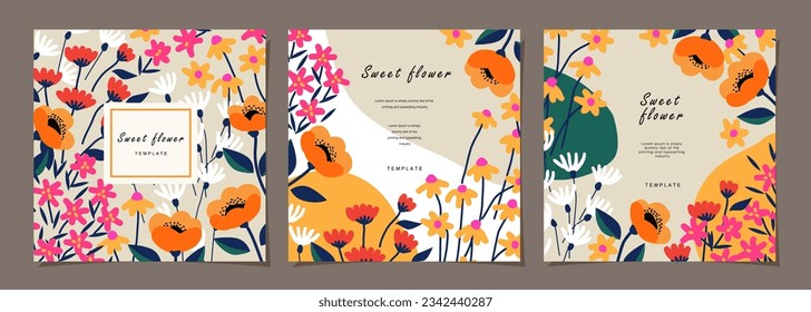 Floral template set for poster, card, cover, label, banner in modern minimalist style and simple summer design templates with flowers and plants.