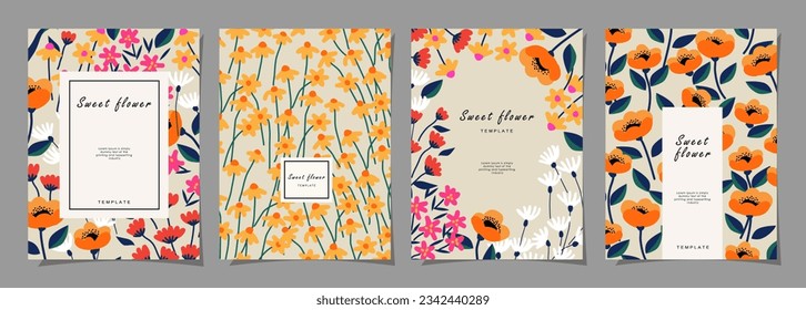 Floral template set for poster, card, cover, label, banner in modern minimalist style and simple summer design templates with flowers and plants.