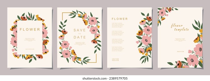 Plantilla floral para afiche, tarjeta, cubierta, etiqueta, banner, invitación en un hermoso estilo botánico de lujo y elegantes plantillas de diseño vectorial de jardín con flores y plantas.