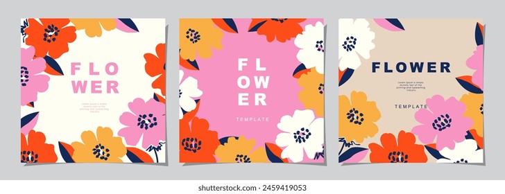 Floral template set for poster, card, cover, wall art, banner in modern minimalist style and simple summer design templates with flowers and plants.