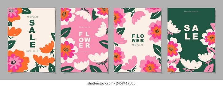 Conjunto de Plantilla floral para póster, tarjeta, cubierta, arte de la pared, Anuncio en estilo minimalista moderno y Plantillas de diseño de verano simple con flores y plantas.